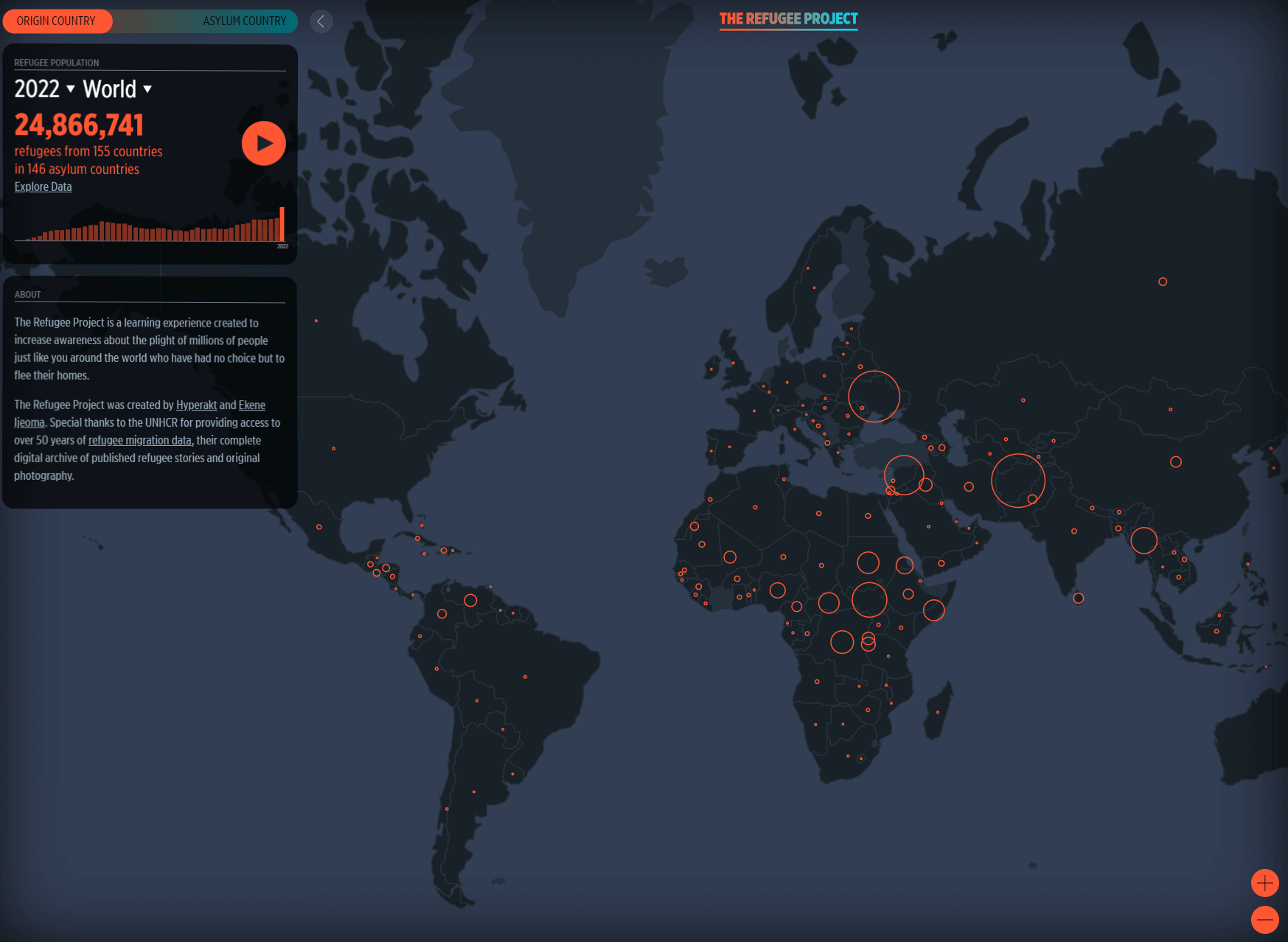 GIF showing some of the points on the refugee map made by The Refugee Project